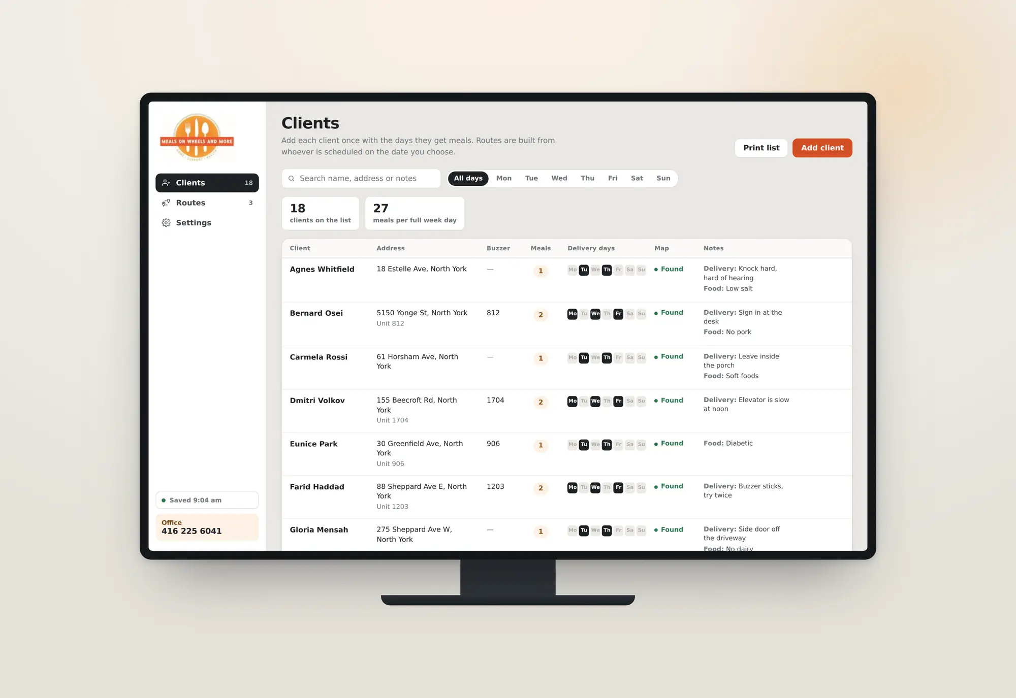 The clients screen: a roster with address, buzzer, meal count, delivery days and per-client delivery and dietary notes