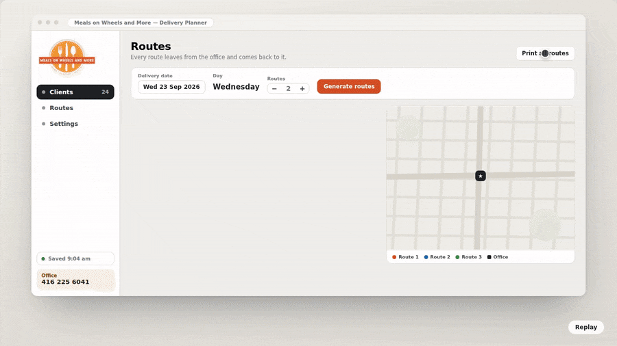MOWAM Delivery Planner — generating optimised driver routes on a map