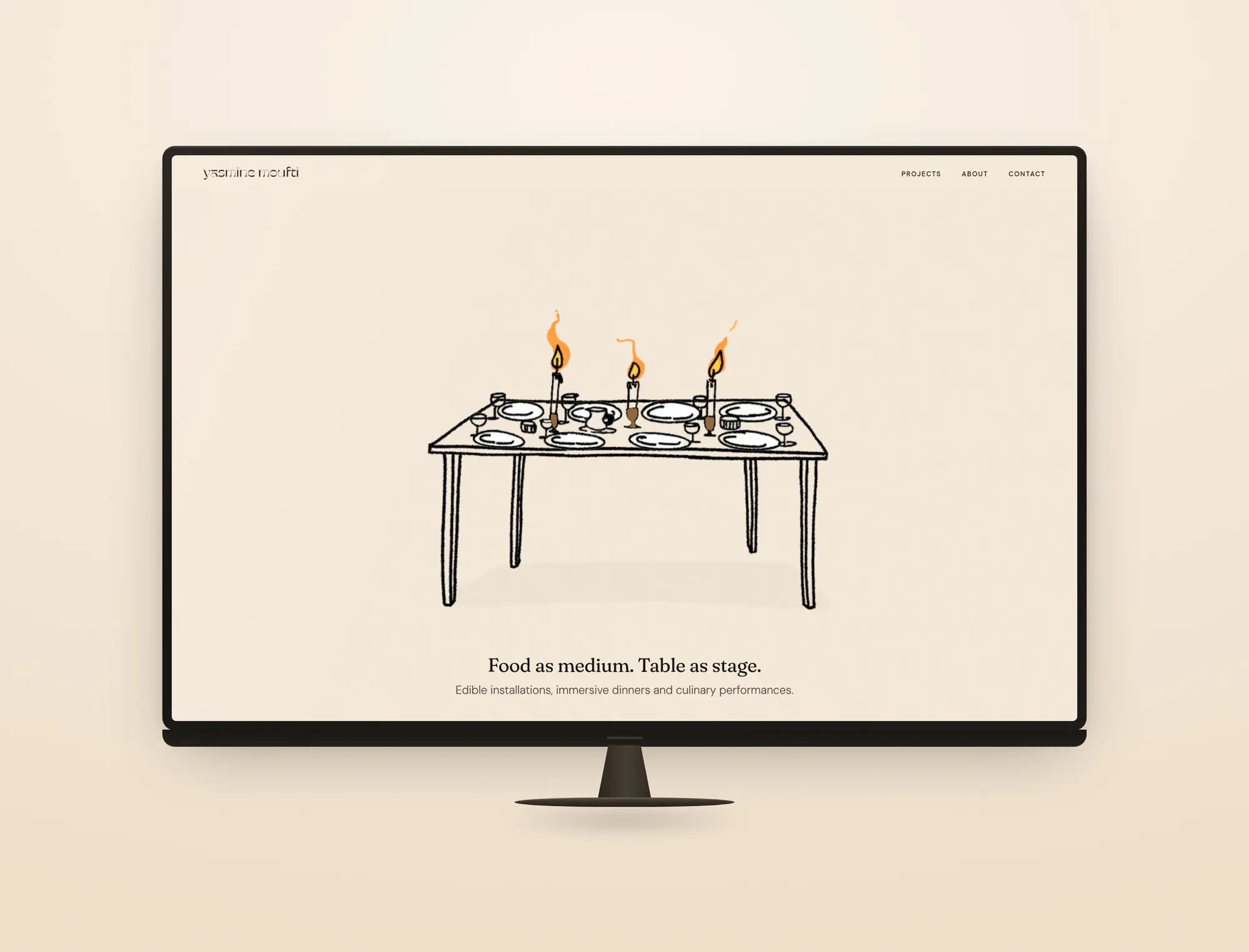 Yasmine Moufti website home page: a line-drawn table set with candles above the line "Food as medium. Table as stage."