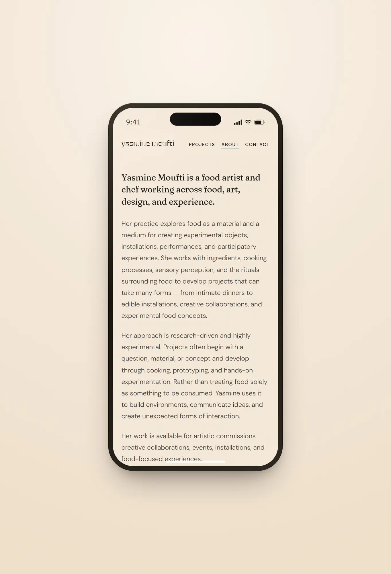 The about page on a phone, biography set at a comfortable reading measure